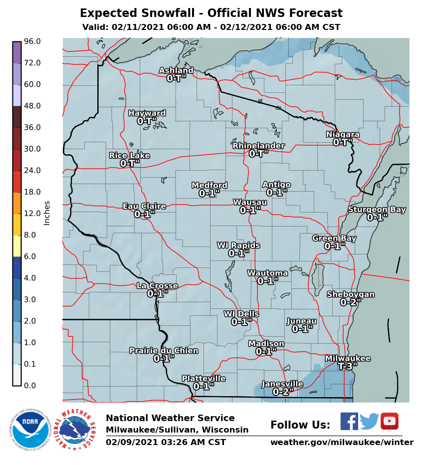 Expected snowfall Thur-Fri by National Weather Service